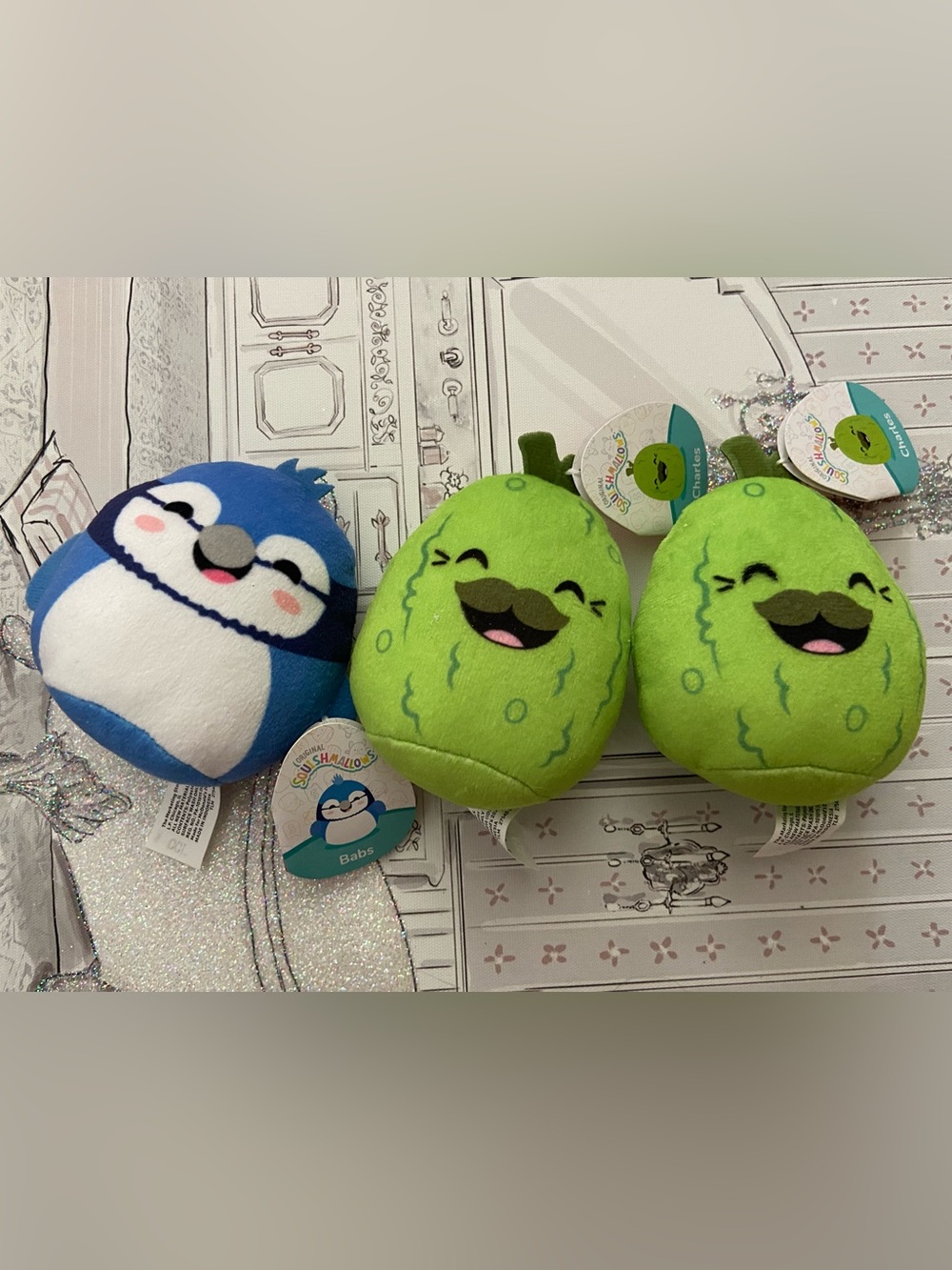 Squishmallows Charles Green Pickle Plush with Mustache and Babs the bird